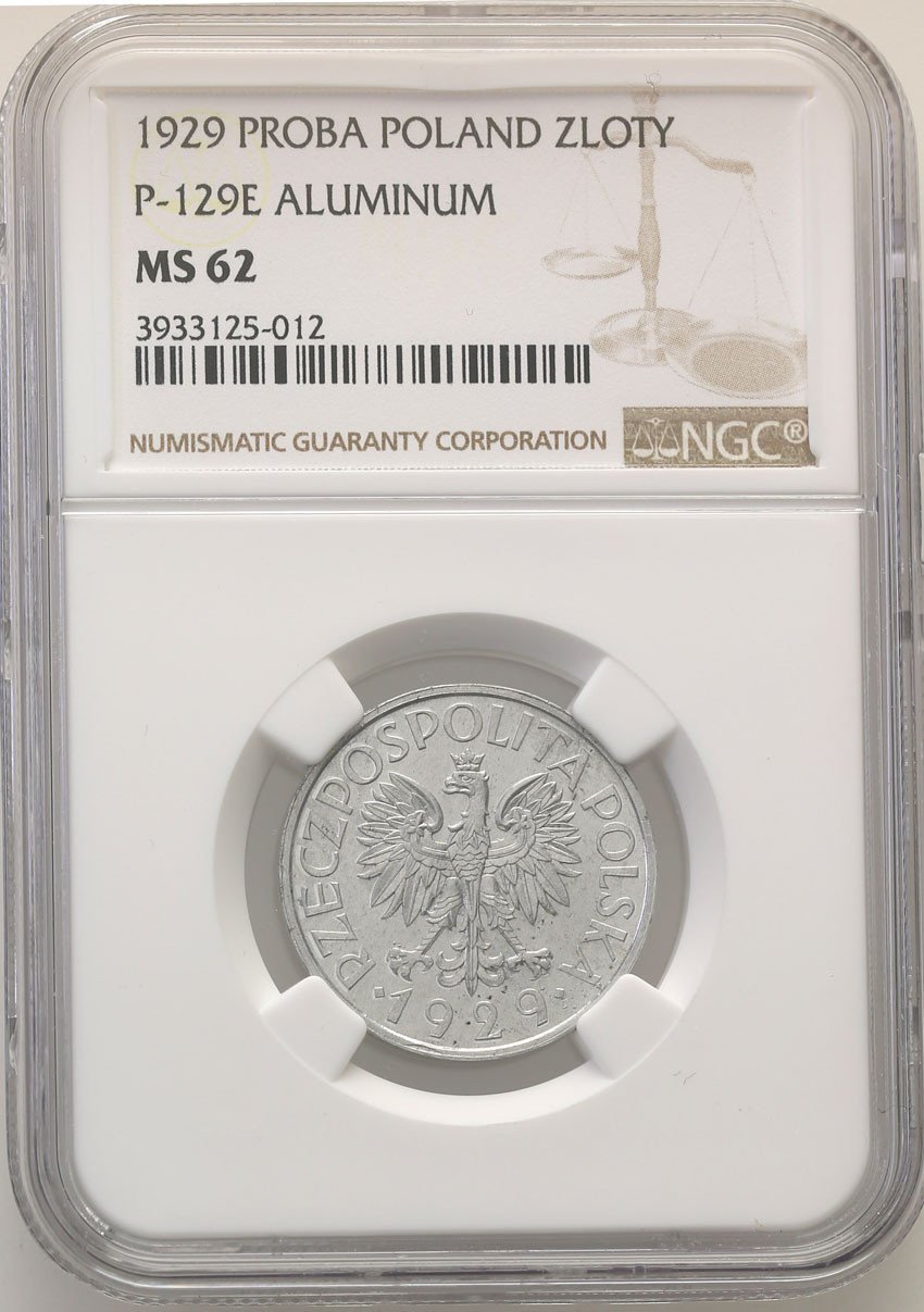 II RP. PRÓBA Aluminium 1 złoty 1929 z napisem PRÓBA NGC MS62 (MAX) UNIKAT?